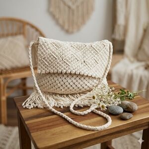 Boho Cream Macrame Fringe Crossbody Bag Festival Shoulder Purse